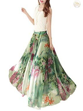Chiffon Maxi Skirt Full Length Elastic Waist Floral Beach Skirt
